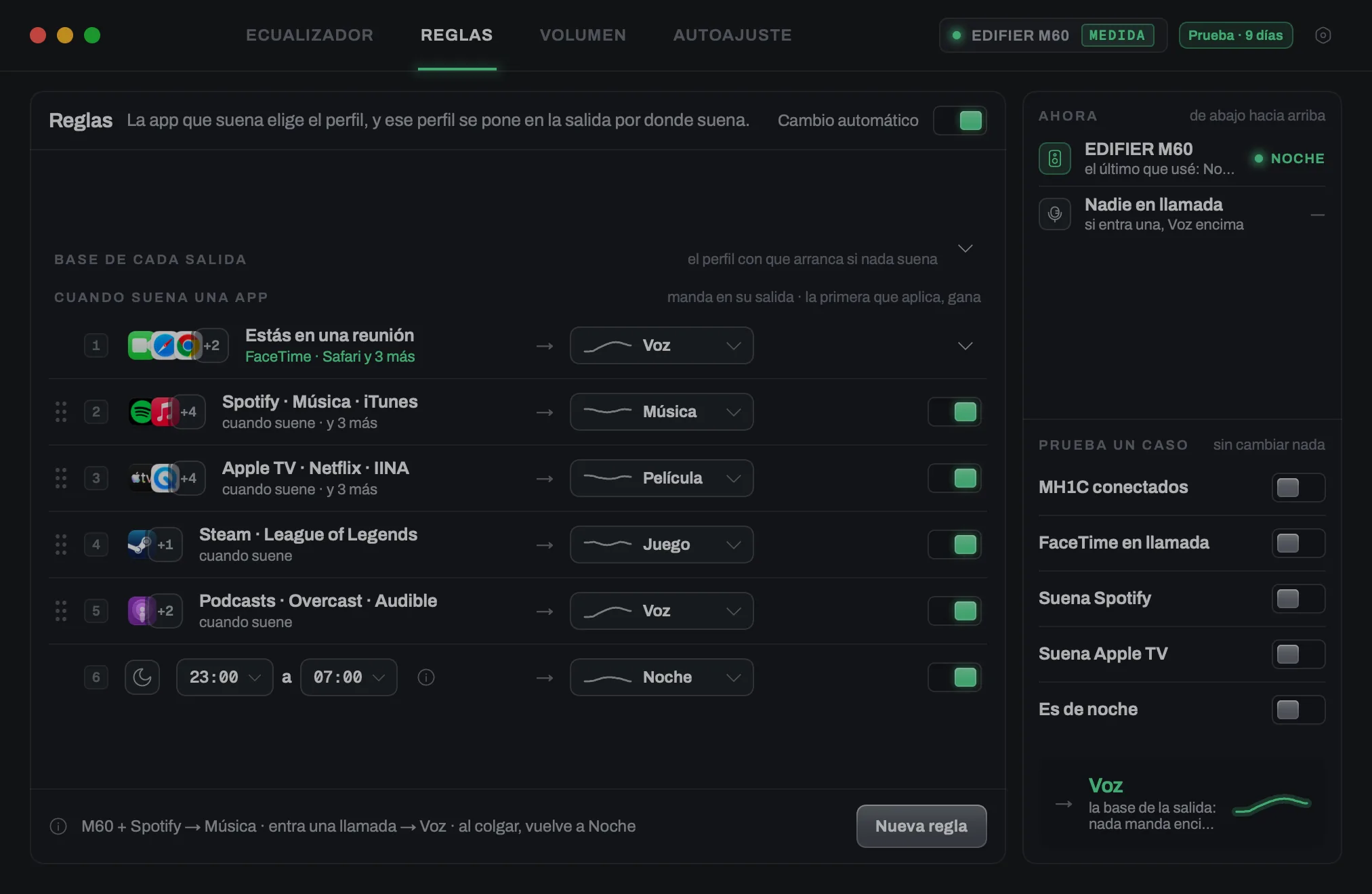 Pantalla Reglas: por dónde sale, qué está sonando, qué hora es