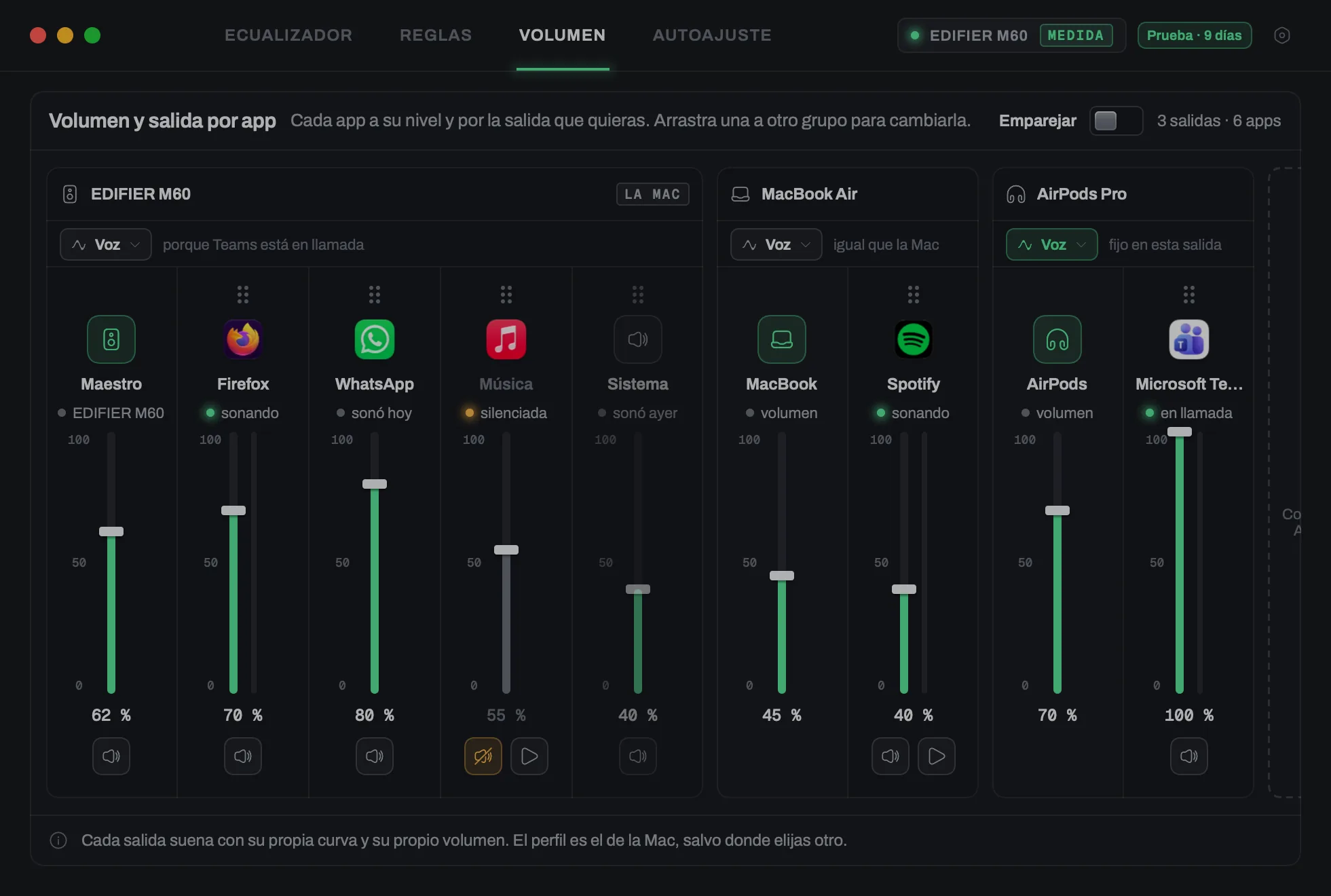 Consola de volumen por app: Teams en llamada al 100, Spotify al 40, Música silenciada